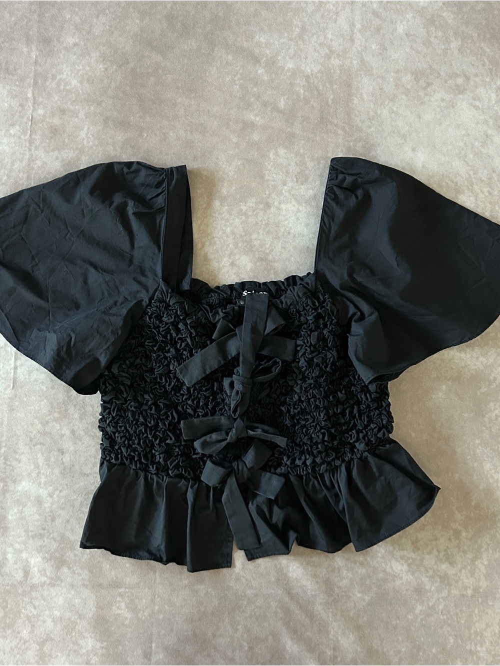 En Saison Black Smocked Puff-Sleeve Crop Top Front Bows 100% Cotton